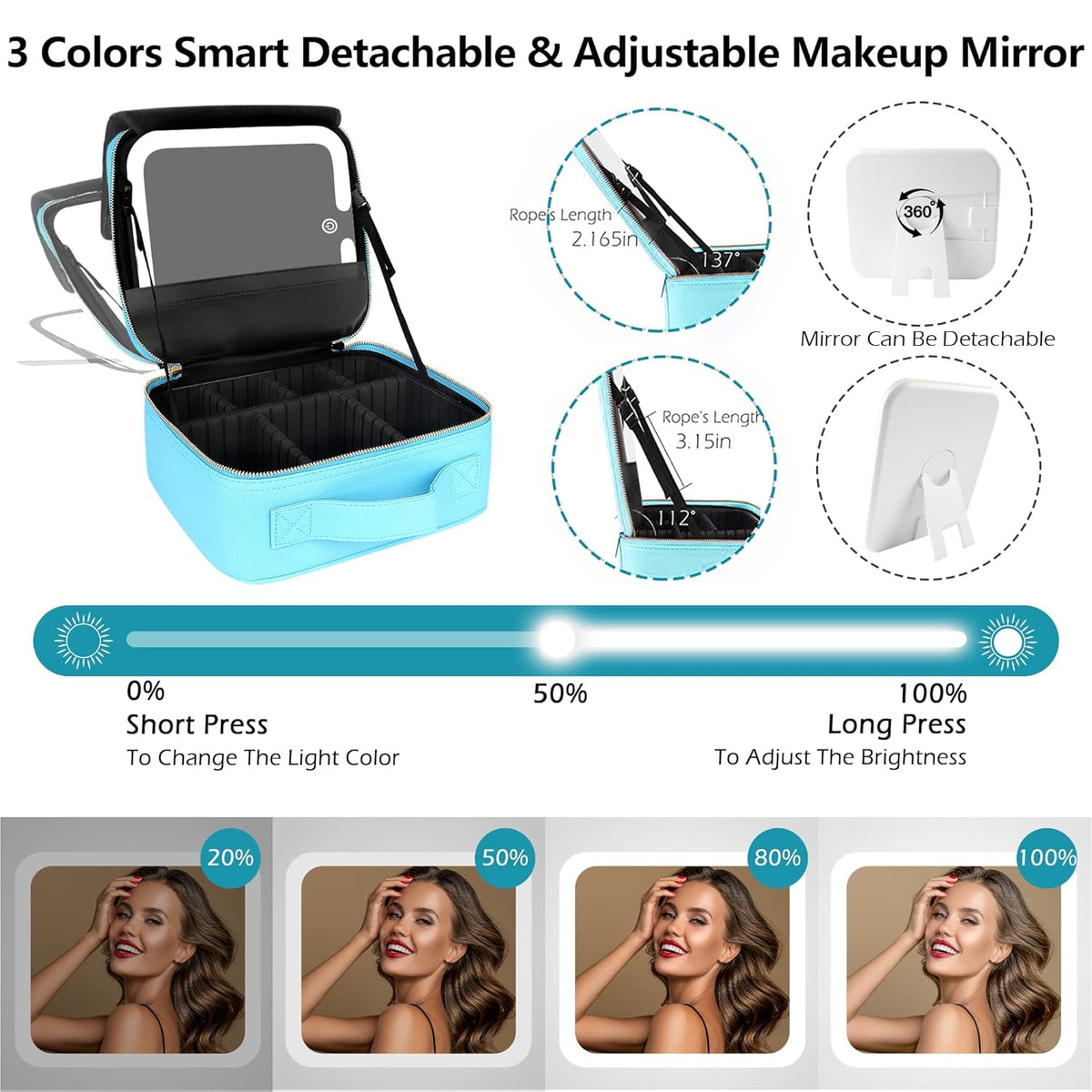 Travel Makeup Bag Cosmetic Bag with Lighted Mirror, Adjustable Brightness in 3 Color Scenarios/Detachable makeup mirror, All-round Upgrade, Waterproof, Gift for Women -Black