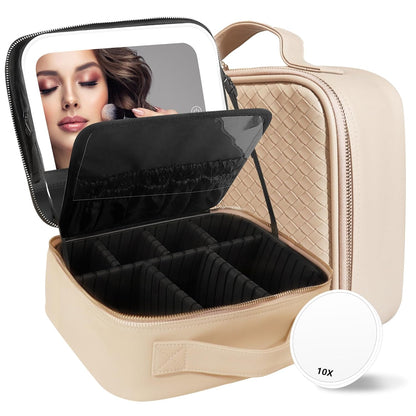 Travel Makeup Bag Cosmetic Bag with Lighted Mirror, Adjustable Brightness in 3 Color Scenarios/Detachable makeup mirror, All-round Upgrade, Waterproof, Gift for Women -Black
