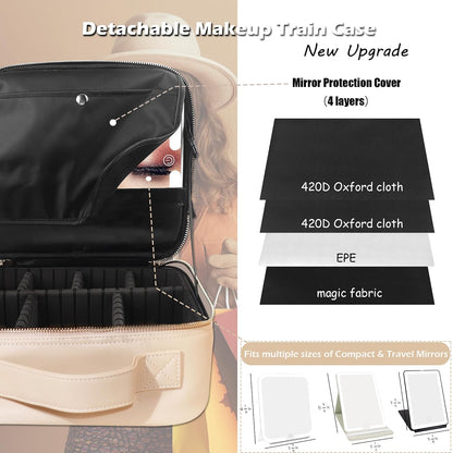 Travel Makeup Bag Cosmetic Bag with Lighted Mirror, Adjustable Brightness in 3 Color Scenarios/Detachable makeup mirror, All-round Upgrade, Waterproof, Gift for Women -Black