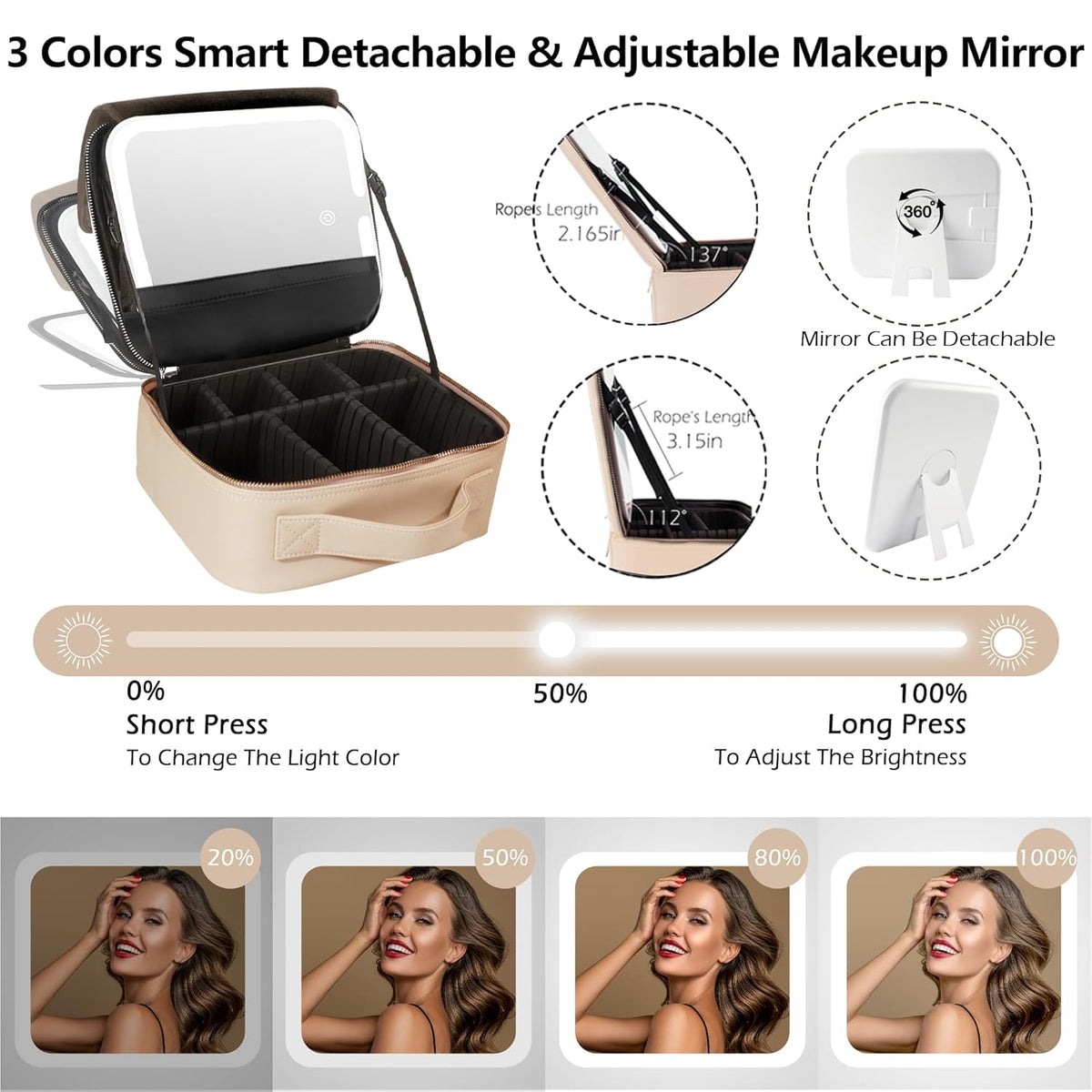 Travel Makeup Bag Cosmetic Bag with Lighted Mirror, Adjustable Brightness in 3 Color Scenarios/Detachable makeup mirror, All-round Upgrade, Waterproof, Gift for Women -Black