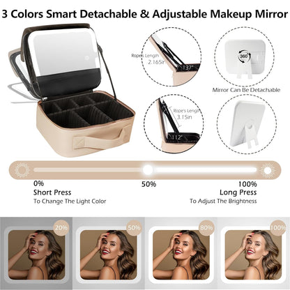 Travel Makeup Bag Cosmetic Bag with Lighted Mirror, Adjustable Brightness in 3 Color Scenarios/Detachable makeup mirror, All-round Upgrade, Waterproof, Gift for Women -Black