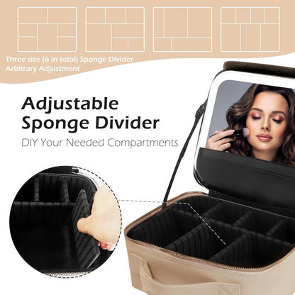 Travel Makeup Bag Cosmetic Bag with Lighted Mirror, Adjustable Brightness in 3 Color Scenarios/Detachable makeup mirror, All-round Upgrade, Waterproof, Gift for Women -Black