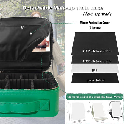 Travel Makeup Bag Cosmetic Bag with Lighted Mirror, Adjustable Brightness in 3 Color Scenarios/Detachable makeup mirror, All-round Upgrade, Waterproof, Gift for Women -Black
