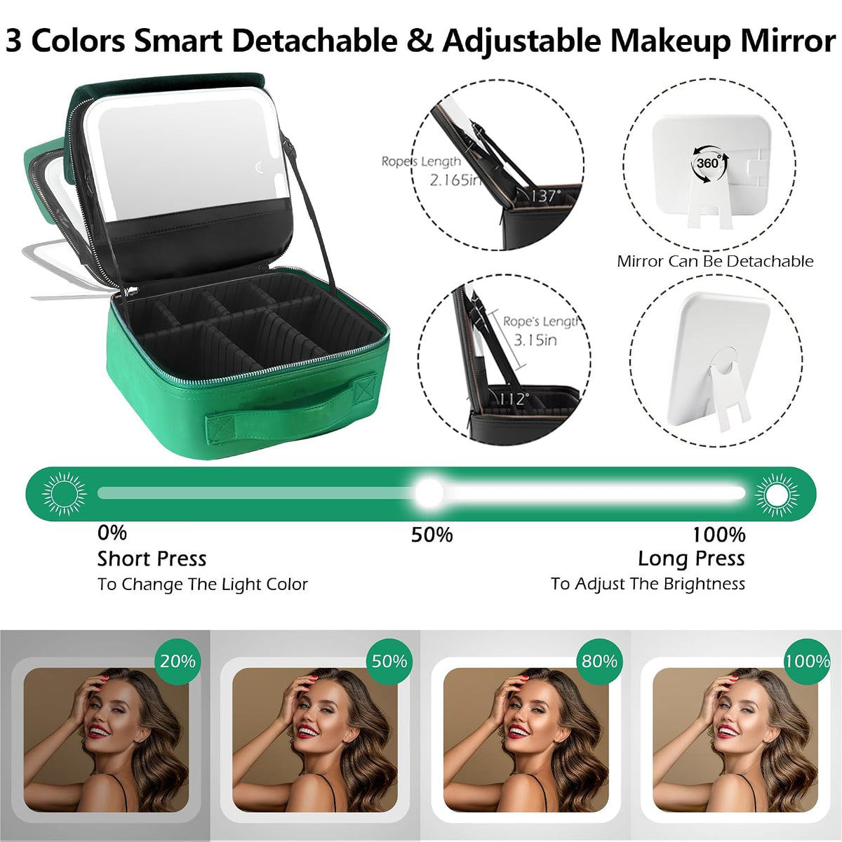 Travel Makeup Bag Cosmetic Bag with Lighted Mirror, Adjustable Brightness in 3 Color Scenarios/Detachable makeup mirror, All-round Upgrade, Waterproof, Gift for Women -Black