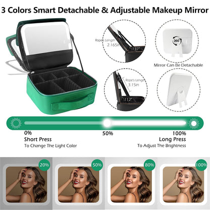 Travel Makeup Bag Cosmetic Bag with Lighted Mirror, Adjustable Brightness in 3 Color Scenarios/Detachable makeup mirror, All-round Upgrade, Waterproof, Gift for Women -Black