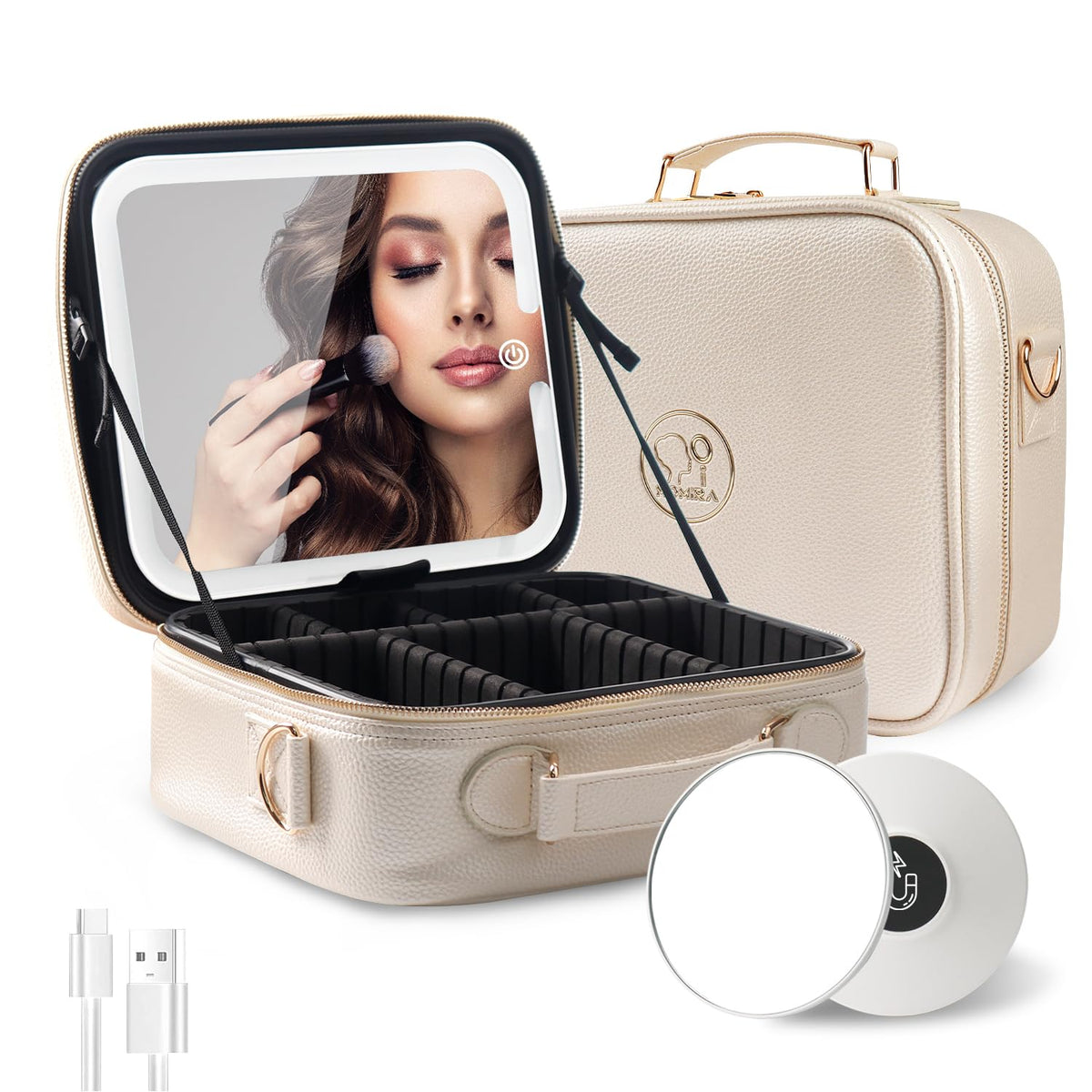 Travel Makeup Bag Cosmetic Bag with Lighted Mirror, Adjustable Brightness in 3 Color Scenarios/Detachable makeup mirror, All-round Upgrade, Waterproof, Gift for Women -Black