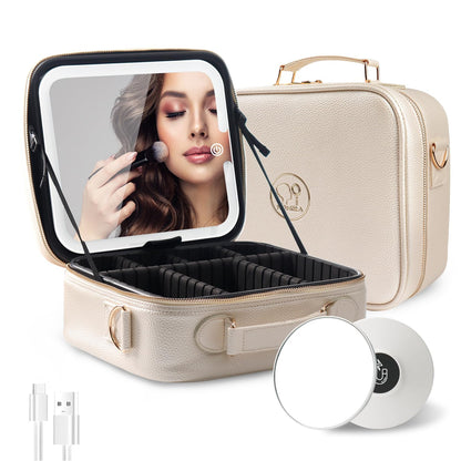 Travel Makeup Bag Cosmetic Bag with Lighted Mirror, Adjustable Brightness in 3 Color Scenarios/Detachable makeup mirror, All-round Upgrade, Waterproof, Gift for Women -Black