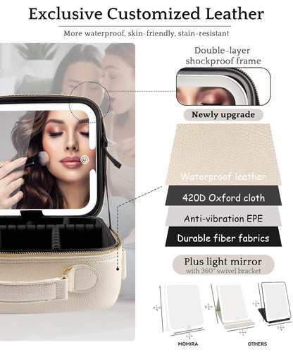 Travel Makeup Bag Cosmetic Bag with Lighted Mirror, Adjustable Brightness in 3 Color Scenarios/Detachable makeup mirror, All-round Upgrade, Waterproof, Gift for Women -Black