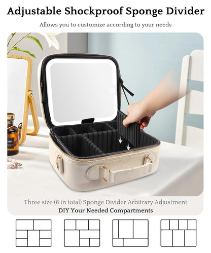 Travel Makeup Bag Cosmetic Bag with Lighted Mirror, Adjustable Brightness in 3 Color Scenarios/Detachable makeup mirror, All-round Upgrade, Waterproof, Gift for Women -Black