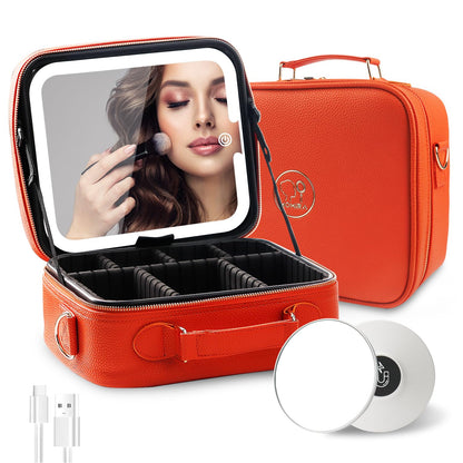 Travel Makeup Bag Cosmetic Bag with Lighted Mirror, Adjustable Brightness in 3 Color Scenarios/Detachable makeup mirror, All-round Upgrade, Waterproof, Gift for Women -Black