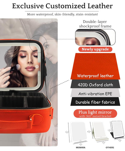 Travel Makeup Bag Cosmetic Bag with Lighted Mirror, Adjustable Brightness in 3 Color Scenarios/Detachable makeup mirror, All-round Upgrade, Waterproof, Gift for Women -Black