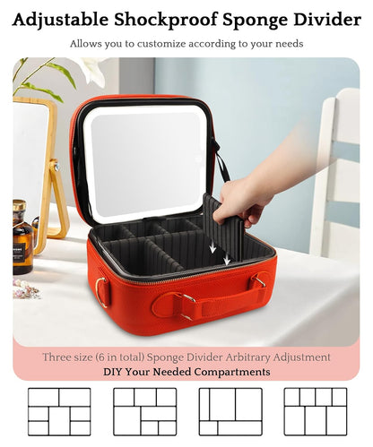 Travel Makeup Bag Cosmetic Bag with Lighted Mirror, Adjustable Brightness in 3 Color Scenarios/Detachable makeup mirror, All-round Upgrade, Waterproof, Gift for Women -Black
