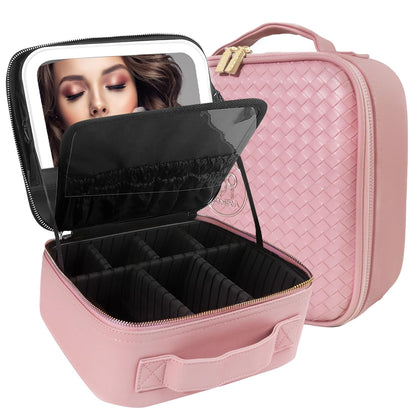 Travel Makeup Bag Cosmetic Bag with Lighted Mirror, Adjustable Brightness in 3 Color Scenarios/Detachable makeup mirror, All-round Upgrade, Waterproof, Gift for Women -Black