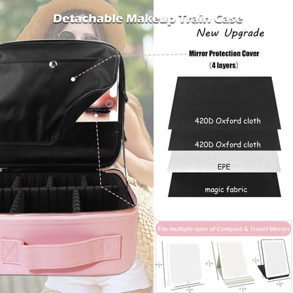 Travel Makeup Bag Cosmetic Bag with Lighted Mirror, Adjustable Brightness in 3 Color Scenarios/Detachable makeup mirror, All-round Upgrade, Waterproof, Gift for Women -Black