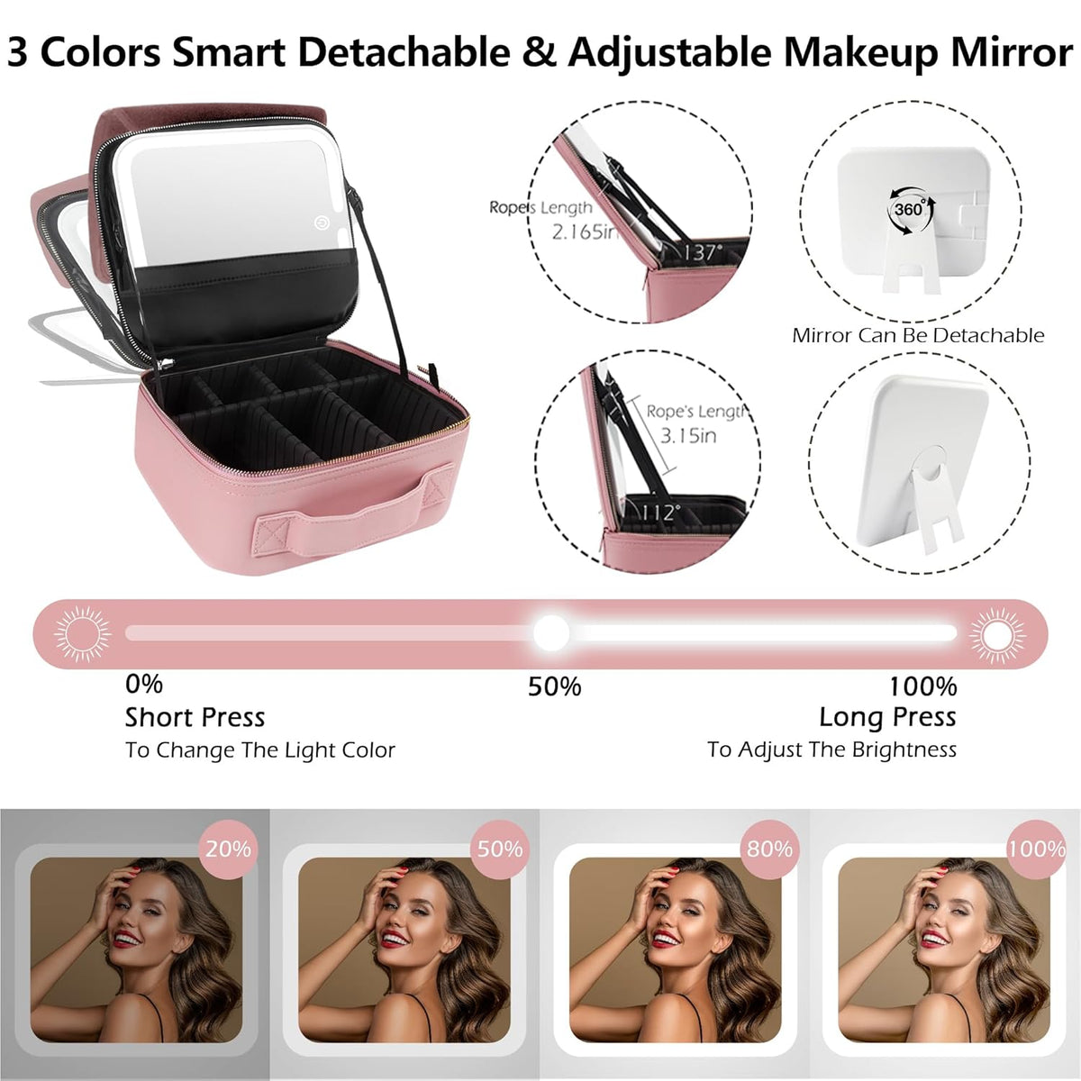 Travel Makeup Bag Cosmetic Bag with Lighted Mirror, Adjustable Brightness in 3 Color Scenarios/Detachable makeup mirror, All-round Upgrade, Waterproof, Gift for Women -Black