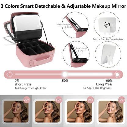 Travel Makeup Bag Cosmetic Bag with Lighted Mirror, Adjustable Brightness in 3 Color Scenarios/Detachable makeup mirror, All-round Upgrade, Waterproof, Gift for Women -Black