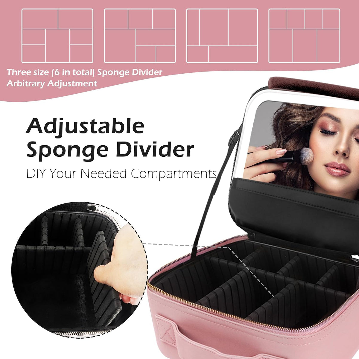 Travel Makeup Bag Cosmetic Bag with Lighted Mirror, Adjustable Brightness in 3 Color Scenarios/Detachable makeup mirror, All-round Upgrade, Waterproof, Gift for Women -Black