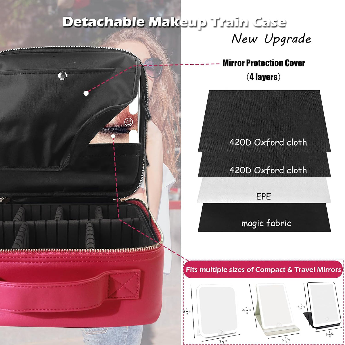 Travel Makeup Bag Cosmetic Bag with Lighted Mirror, Adjustable Brightness in 3 Color Scenarios/Detachable makeup mirror, All-round Upgrade, Waterproof, Gift for Women -Black
