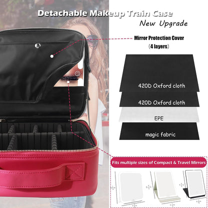 Travel Makeup Bag Cosmetic Bag with Lighted Mirror, Adjustable Brightness in 3 Color Scenarios/Detachable makeup mirror, All-round Upgrade, Waterproof, Gift for Women -Black