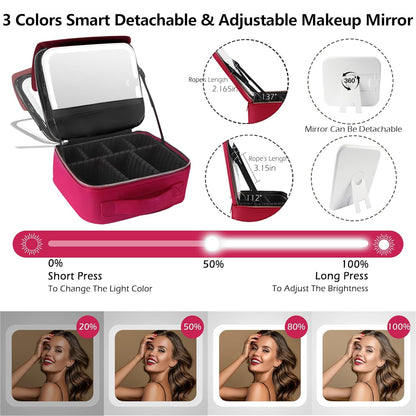 Travel Makeup Bag Cosmetic Bag with Lighted Mirror, Adjustable Brightness in 3 Color Scenarios/Detachable makeup mirror, All-round Upgrade, Waterproof, Gift for Women -Black