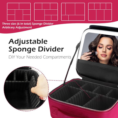 Travel Makeup Bag Cosmetic Bag with Lighted Mirror, Adjustable Brightness in 3 Color Scenarios/Detachable makeup mirror, All-round Upgrade, Waterproof, Gift for Women -Black