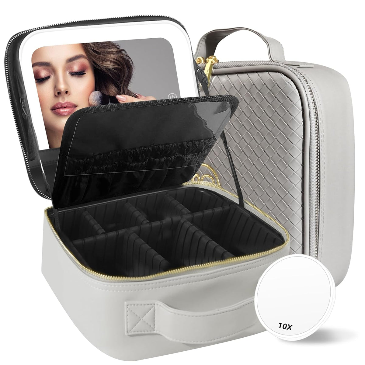 Travel Makeup Bag Cosmetic Bag with Lighted Mirror, Adjustable Brightness in 3 Color Scenarios/Detachable makeup mirror, All-round Upgrade, Waterproof, Gift for Women -Black