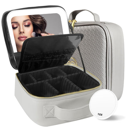 Travel Makeup Bag Cosmetic Bag with Lighted Mirror, Adjustable Brightness in 3 Color Scenarios/Detachable makeup mirror, All-round Upgrade, Waterproof, Gift for Women -Black