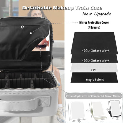 Travel Makeup Bag Cosmetic Bag with Lighted Mirror, Adjustable Brightness in 3 Color Scenarios/Detachable makeup mirror, All-round Upgrade, Waterproof, Gift for Women -Black