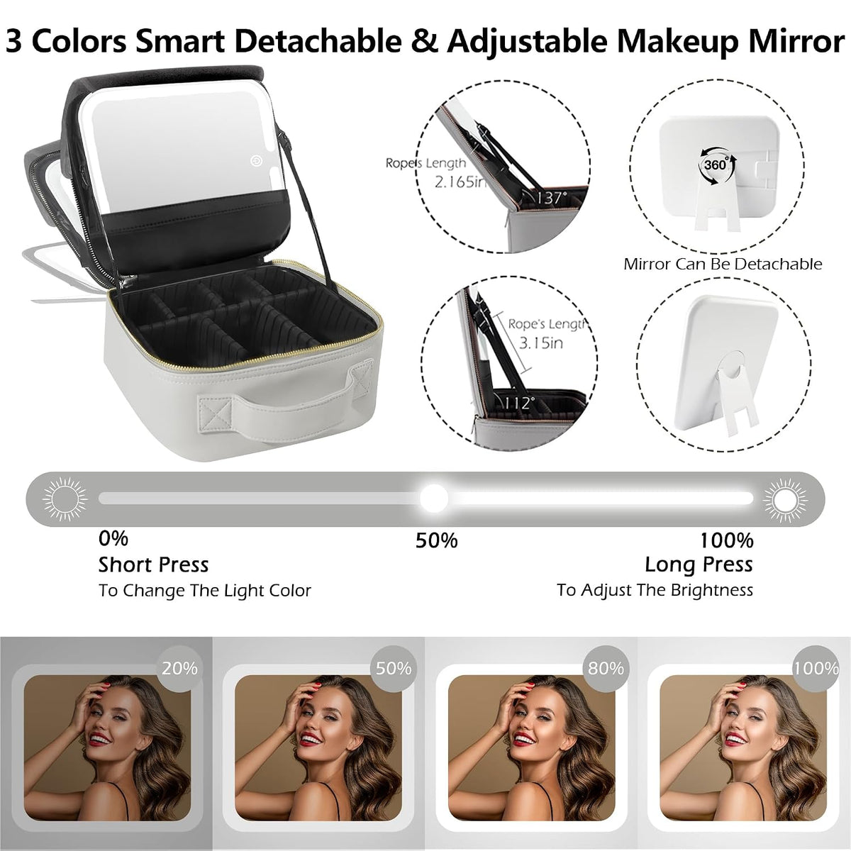 Travel Makeup Bag Cosmetic Bag with Lighted Mirror, Adjustable Brightness in 3 Color Scenarios/Detachable makeup mirror, All-round Upgrade, Waterproof, Gift for Women -Black