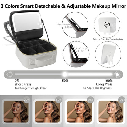 Travel Makeup Bag Cosmetic Bag with Lighted Mirror, Adjustable Brightness in 3 Color Scenarios/Detachable makeup mirror, All-round Upgrade, Waterproof, Gift for Women -Black