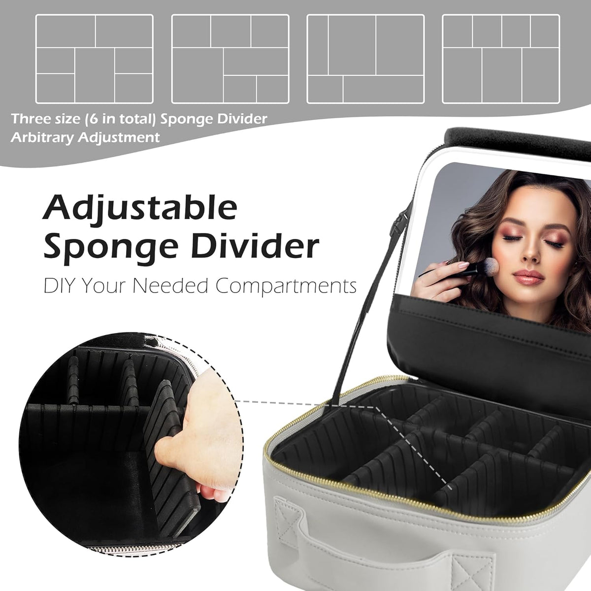Travel Makeup Bag Cosmetic Bag with Lighted Mirror, Adjustable Brightness in 3 Color Scenarios/Detachable makeup mirror, All-round Upgrade, Waterproof, Gift for Women -Black