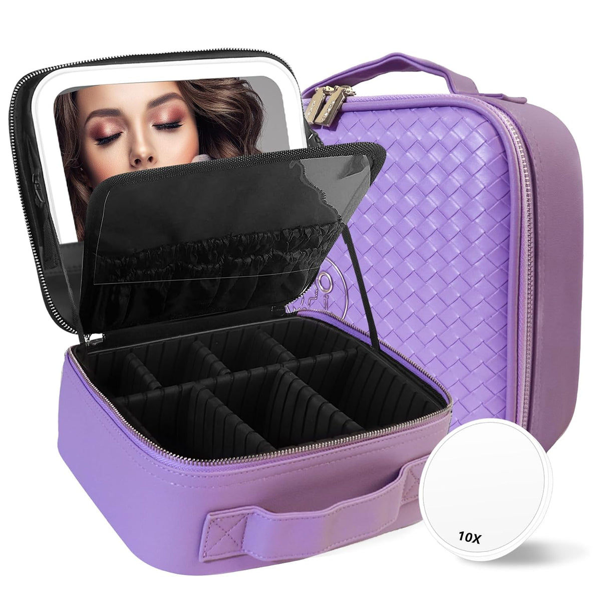 Travel Makeup Bag Cosmetic Bag with Lighted Mirror, Adjustable Brightness in 3 Color Scenarios/Detachable makeup mirror, All-round Upgrade, Waterproof, Gift for Women -Black
