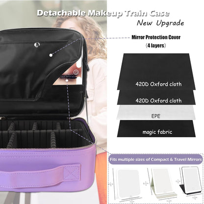 Travel Makeup Bag Cosmetic Bag with Lighted Mirror, Adjustable Brightness in 3 Color Scenarios/Detachable makeup mirror, All-round Upgrade, Waterproof, Gift for Women -Black