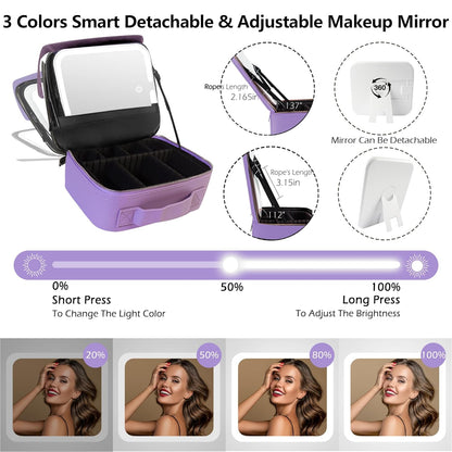 Travel Makeup Bag Cosmetic Bag with Lighted Mirror, Adjustable Brightness in 3 Color Scenarios/Detachable makeup mirror, All-round Upgrade, Waterproof, Gift for Women -Black
