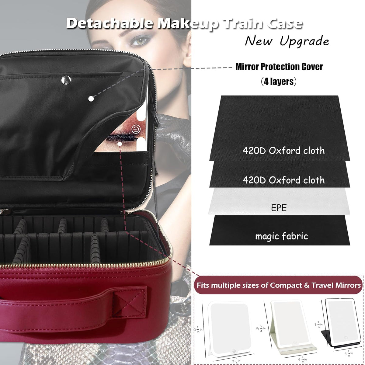 Travel Makeup Bag Cosmetic Bag with Lighted Mirror, Adjustable Brightness in 3 Color Scenarios/Detachable makeup mirror, All-round Upgrade, Waterproof, Gift for Women -Black