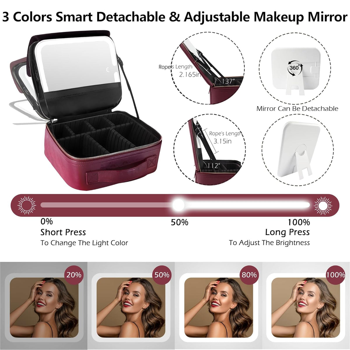 Travel Makeup Bag Cosmetic Bag with Lighted Mirror, Adjustable Brightness in 3 Color Scenarios/Detachable makeup mirror, All-round Upgrade, Waterproof, Gift for Women -Black