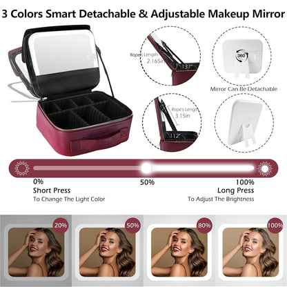 Travel Makeup Bag Cosmetic Bag with Lighted Mirror, Adjustable Brightness in 3 Color Scenarios/Detachable makeup mirror, All-round Upgrade, Waterproof, Gift for Women -Black