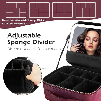 Travel Makeup Bag Cosmetic Bag with Lighted Mirror, Adjustable Brightness in 3 Color Scenarios/Detachable makeup mirror, All-round Upgrade, Waterproof, Gift for Women -Black