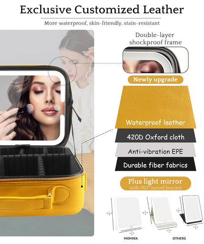Travel Makeup Bag Cosmetic Bag with Lighted Mirror, Adjustable Brightness in 3 Color Scenarios/Detachable makeup mirror, All-round Upgrade, Waterproof, Gift for Women -Black