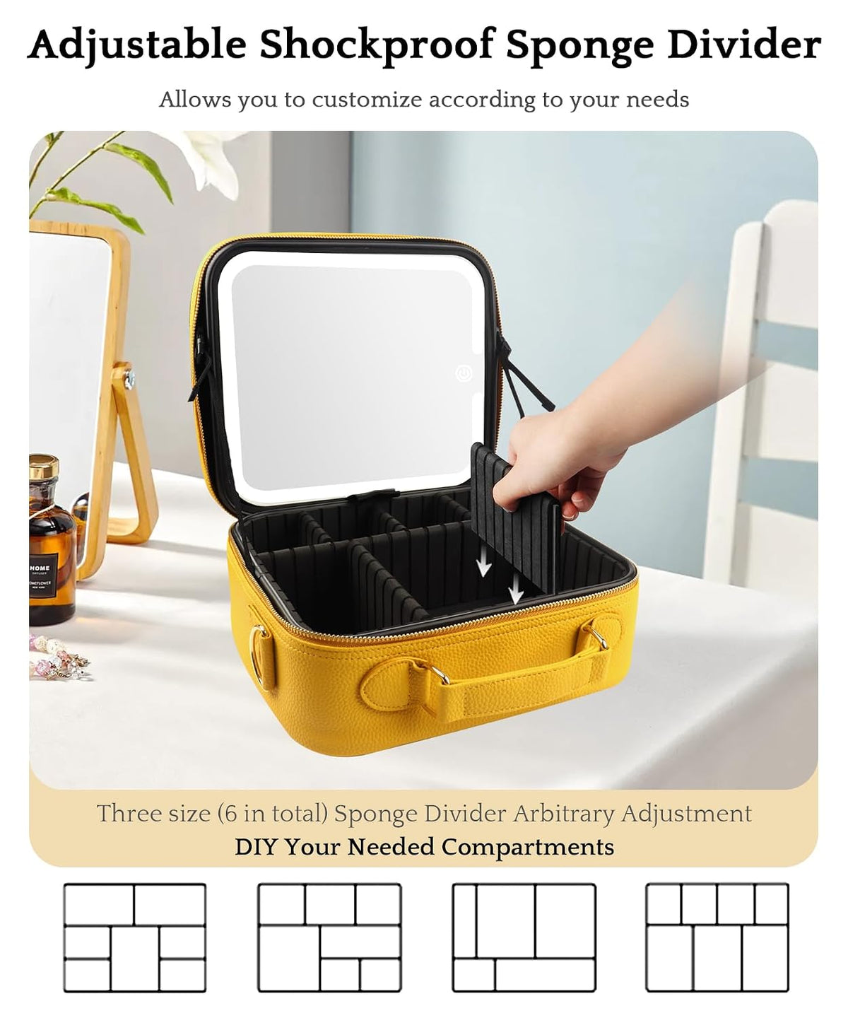 Travel Makeup Bag Cosmetic Bag with Lighted Mirror, Adjustable Brightness in 3 Color Scenarios/Detachable makeup mirror, All-round Upgrade, Waterproof, Gift for Women -Black