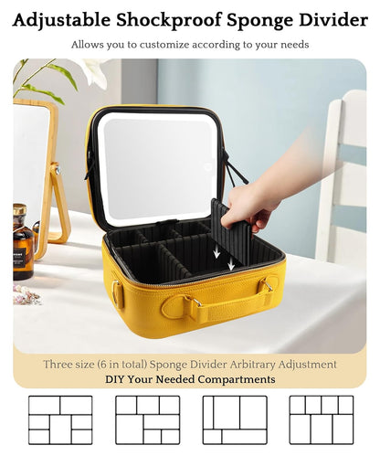 Travel Makeup Bag Cosmetic Bag with Lighted Mirror, Adjustable Brightness in 3 Color Scenarios/Detachable makeup mirror, All-round Upgrade, Waterproof, Gift for Women -Black