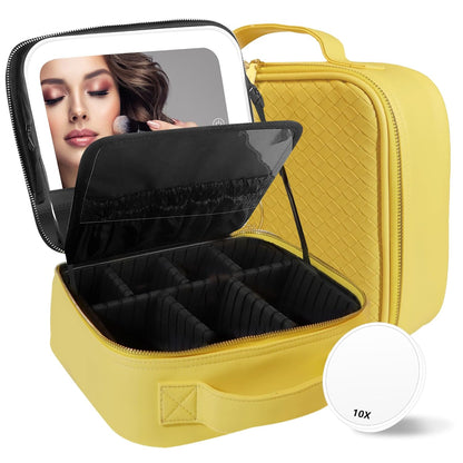 Travel Makeup Bag Cosmetic Bag with Lighted Mirror, Adjustable Brightness in 3 Color Scenarios/Detachable makeup mirror, All-round Upgrade, Waterproof, Gift for Women -Black
