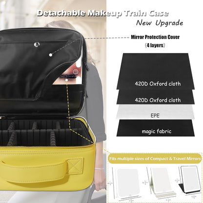 Travel Makeup Bag Cosmetic Bag with Lighted Mirror, Adjustable Brightness in 3 Color Scenarios/Detachable makeup mirror, All-round Upgrade, Waterproof, Gift for Women -Black
