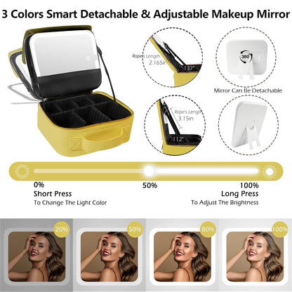 Travel Makeup Bag Cosmetic Bag with Lighted Mirror, Adjustable Brightness in 3 Color Scenarios/Detachable makeup mirror, All-round Upgrade, Waterproof, Gift for Women -Black