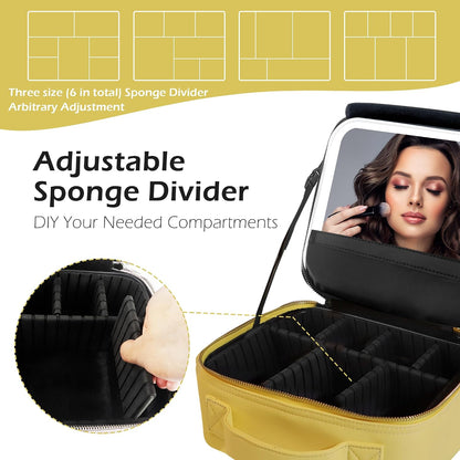 Travel Makeup Bag Cosmetic Bag with Lighted Mirror, Adjustable Brightness in 3 Color Scenarios/Detachable makeup mirror, All-round Upgrade, Waterproof, Gift for Women -Black