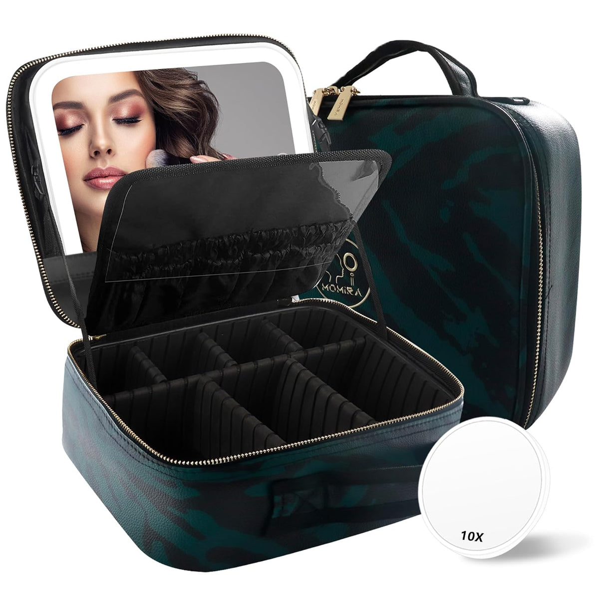 Travel Makeup Bag Cosmetic Bag with Lighted Mirror, Adjustable Brightness in 3 Color Scenarios/Detachable makeup mirror, All-round Upgrade, Waterproof, Gift for Women -Black