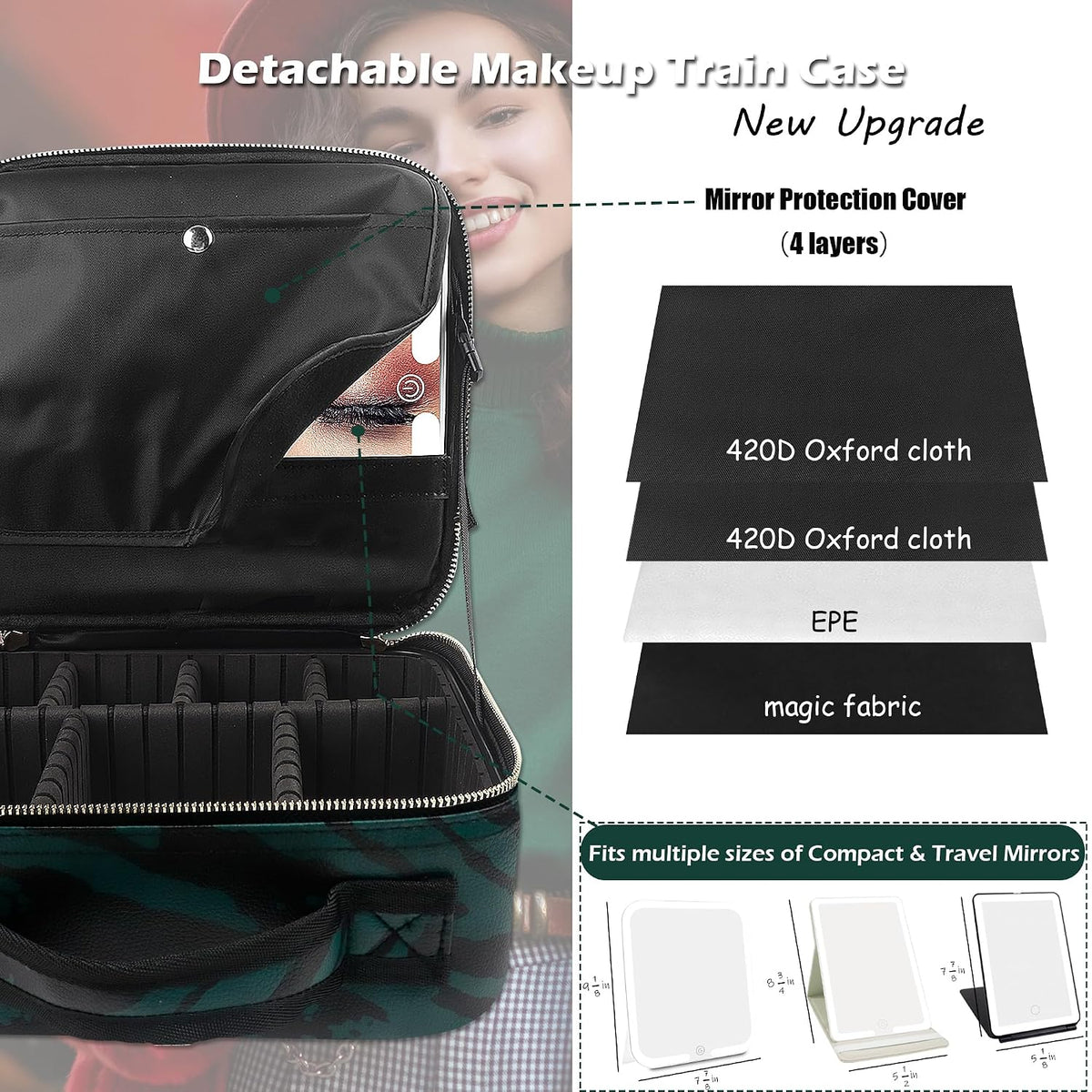 Travel Makeup Bag Cosmetic Bag with Lighted Mirror, Adjustable Brightness in 3 Color Scenarios/Detachable makeup mirror, All-round Upgrade, Waterproof, Gift for Women -Black
