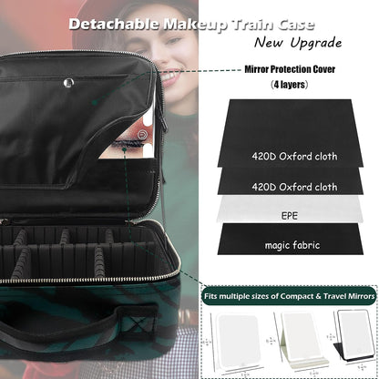 Travel Makeup Bag Cosmetic Bag with Lighted Mirror, Adjustable Brightness in 3 Color Scenarios/Detachable makeup mirror, All-round Upgrade, Waterproof, Gift for Women -Black