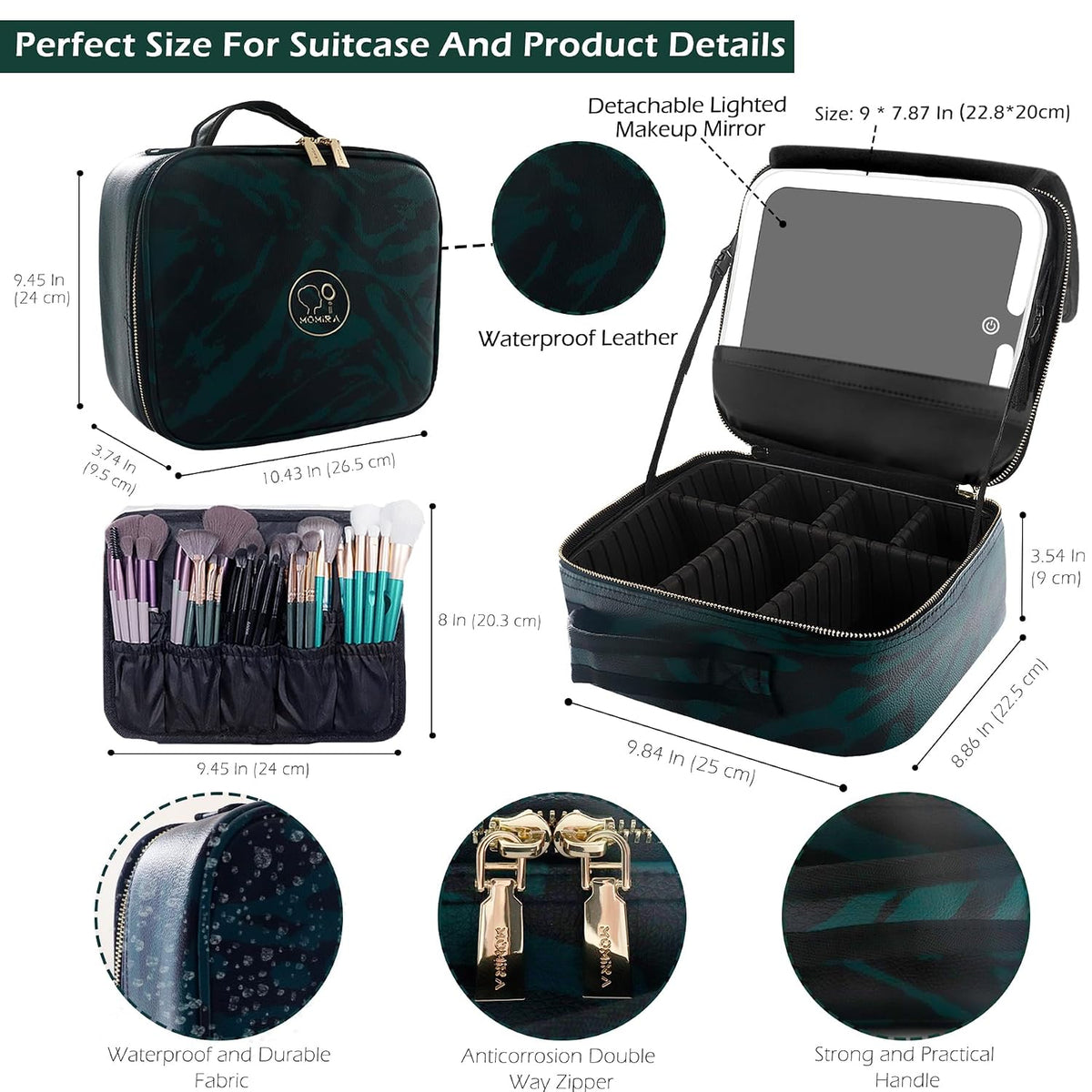 Travel Makeup Bag Cosmetic Bag with Lighted Mirror, Adjustable Brightness in 3 Color Scenarios/Detachable makeup mirror, All-round Upgrade, Waterproof, Gift for Women -Black