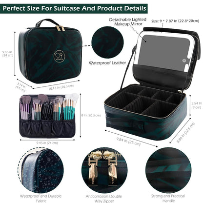 Travel Makeup Bag Cosmetic Bag with Lighted Mirror, Adjustable Brightness in 3 Color Scenarios/Detachable makeup mirror, All-round Upgrade, Waterproof, Gift for Women -Black